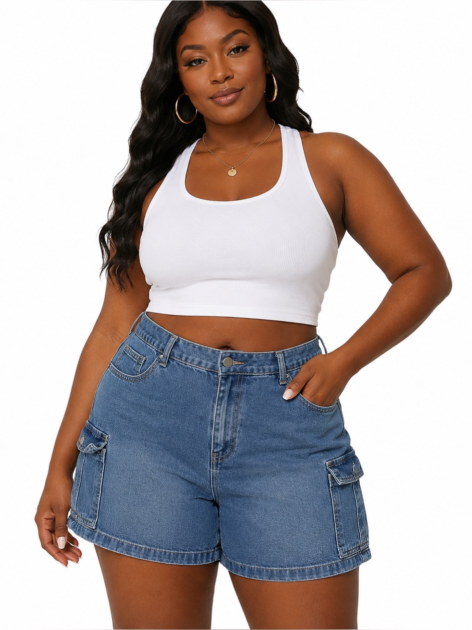 Shein Curve Denim Cargo Shorts Elastic Waist 0xl